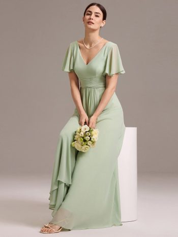Chiffon Double V-Neck A-Line Ruffled Sleeves Bridesmaid Dress with Asymmetrical Hem - Mint Green