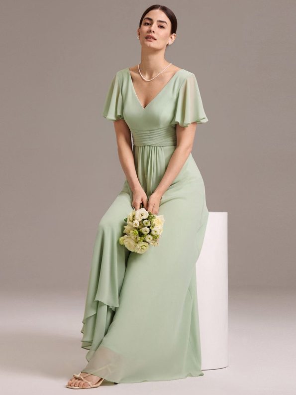 Chiffon Double V-Neck A-Line Ruffled Sleeves Bridesmaid Dress with Asymmetrical Hem - Mint Green