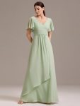Chiffon Double V-Neck A-Line Ruffled Sleeves Bridesmaid Dress with Asymmetrical Hem – Mint Green