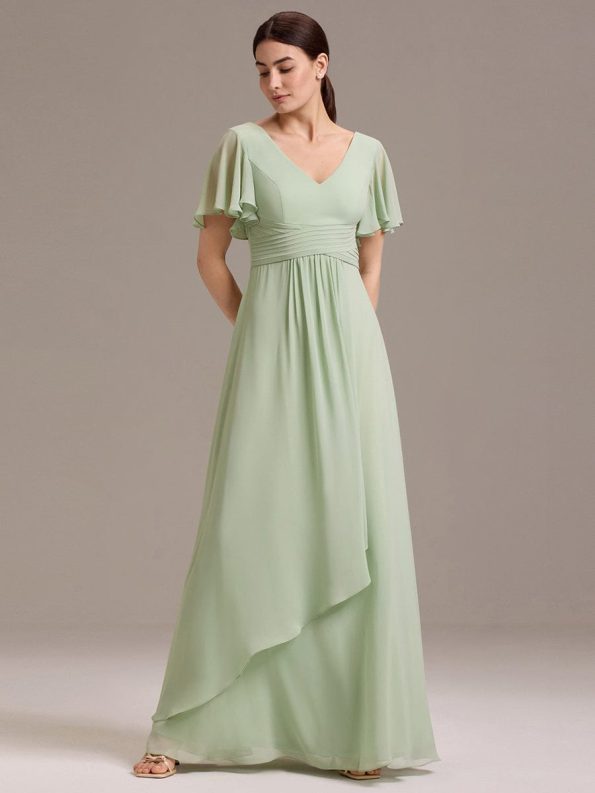 Chiffon Double V-Neck A-Line Ruffled Sleeves Bridesmaid Dress with Asymmetrical Hem - Mint Green