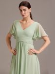 Chiffon Double V-Neck A-Line Ruffled Sleeves Bridesmaid Dress with Asymmetrical Hem – Mint Green