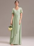 Chiffon Double V-Neck A-Line Ruffled Sleeves Bridesmaid Dress with Asymmetrical Hem – Mint Green