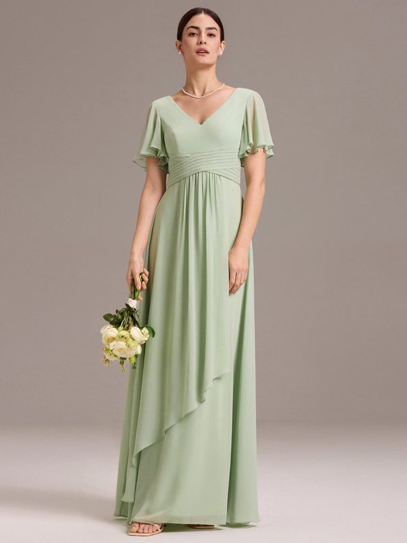 Chiffon Double V-Neck A-Line Ruffled Sleeves Bridesmaid Dress with Asymmetrical Hem - Mint Green