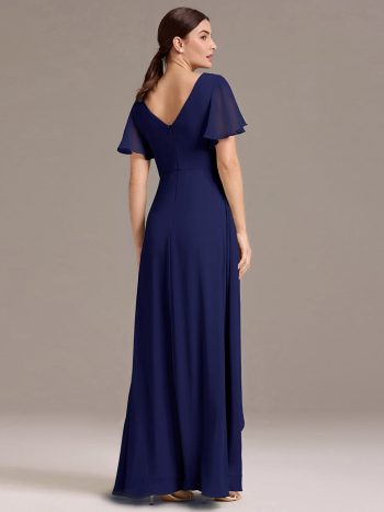 Chiffon Double V-Neck A-Line Ruffled Sleeves Bridesmaid Dress with Asymmetrical Hem - Navy Blue
