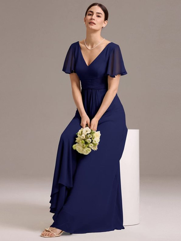 Chiffon Double V-Neck A-Line Ruffled Sleeves Bridesmaid Dress with Asymmetrical Hem - Navy Blue