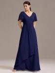 Chiffon Double V-Neck A-Line Ruffled Sleeves Bridesmaid Dress with Asymmetrical Hem – Navy Blue