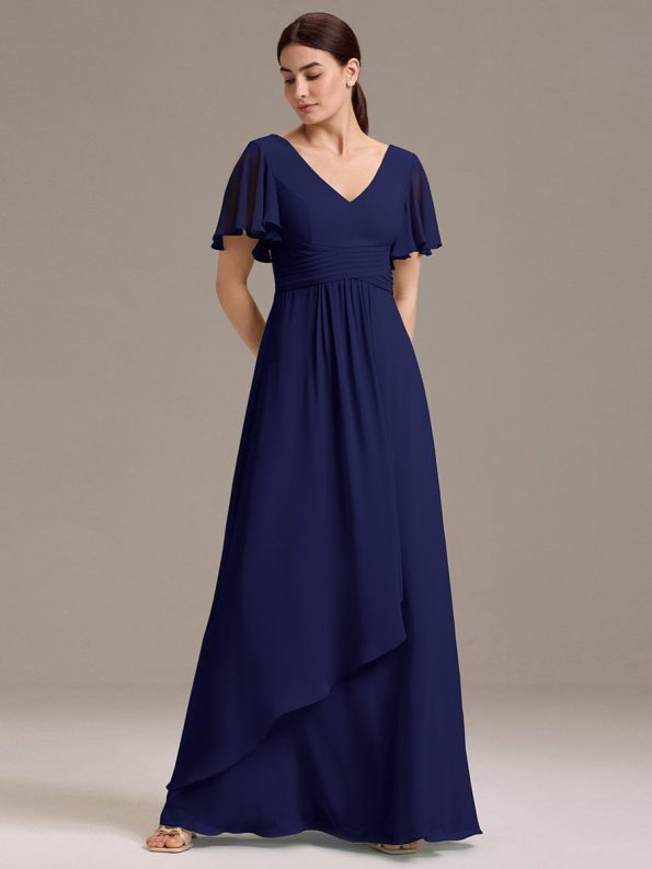 Chiffon Double V-Neck A-Line Ruffled Sleeves Bridesmaid Dress with Asymmetrical Hem - Navy Blue