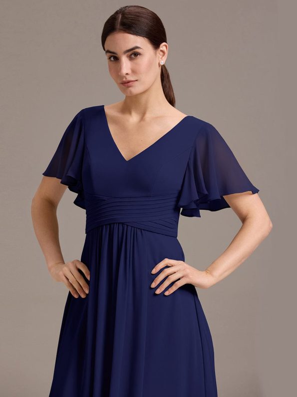 Chiffon Double V-Neck A-Line Ruffled Sleeves Bridesmaid Dress with Asymmetrical Hem - Navy Blue