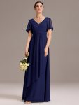 Chiffon Double V-Neck A-Line Ruffled Sleeves Bridesmaid Dress with Asymmetrical Hem - Navy Blue