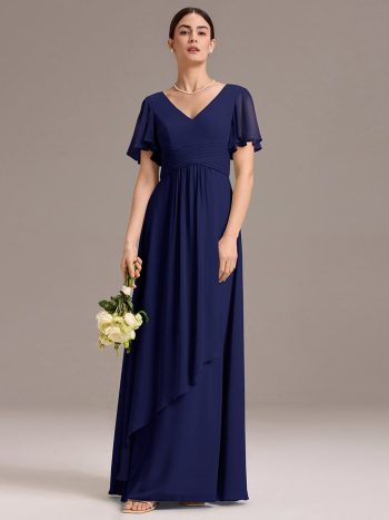 Chiffon Double V-Neck A-Line Ruffled Sleeves Bridesmaid Dress with Asymmetrical Hem - Navy Blue