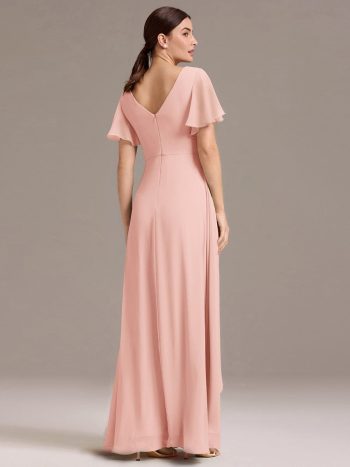 Chiffon Double V-Neck A-Line Ruffled Sleeves Bridesmaid Dress with Asymmetrical Hem - Pink