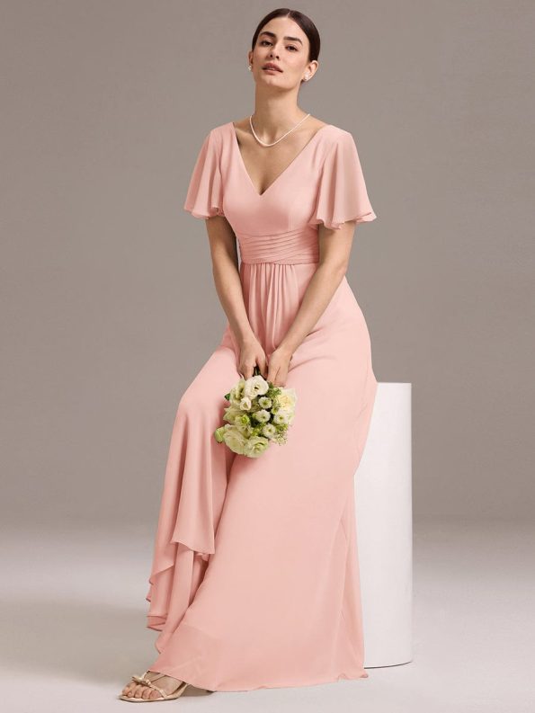 Chiffon Double V-Neck A-Line Ruffled Sleeves Bridesmaid Dress with Asymmetrical Hem - Pink