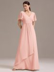 Chiffon Double V-Neck A-Line Ruffled Sleeves Bridesmaid Dress with Asymmetrical Hem – Pink