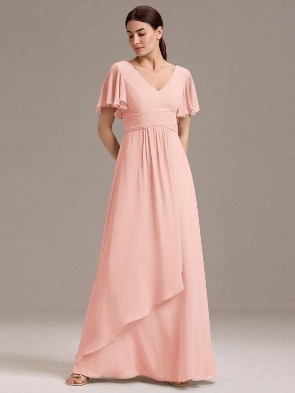 Chiffon Double V-Neck A-Line Ruffled Sleeves Bridesmaid Dress with Asymmetrical Hem - Pink