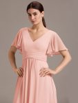 Chiffon Double V-Neck A-Line Ruffled Sleeves Bridesmaid Dress with Asymmetrical Hem – Pink