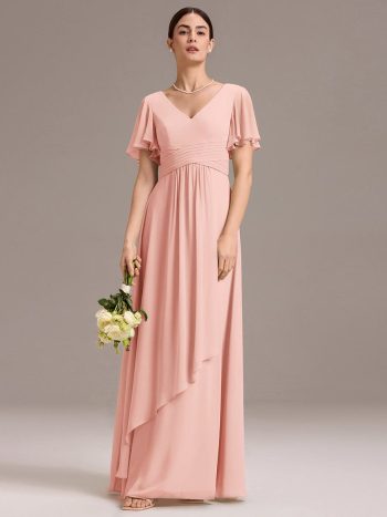 Chiffon Double V-Neck A-Line Ruffled Sleeves Bridesmaid Dress with Asymmetrical Hem - Pink