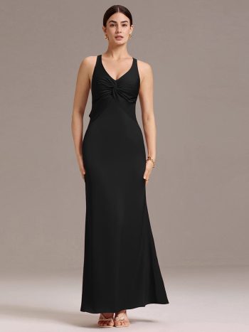 Elegant Strappy Bow Back Satin Mermaid Bridesmaid Dress - Black
