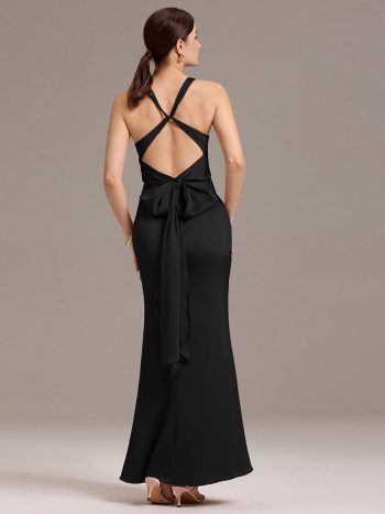 Elegant Strappy Bow Back Satin Mermaid Bridesmaid Dress - Black