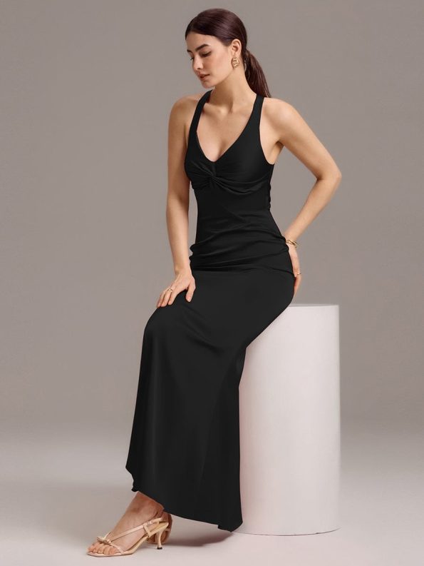 Elegant Strappy Bow Back Satin Mermaid Bridesmaid Dress - Black