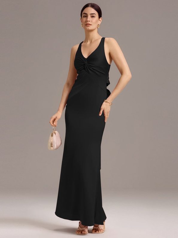 Elegant Strappy Bow Back Satin Mermaid Bridesmaid Dress - Black