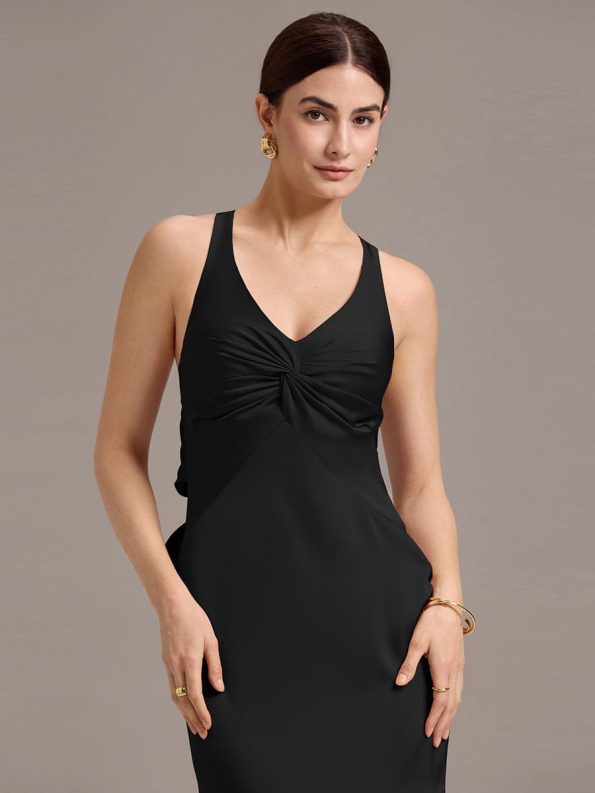 Elegant Strappy Bow Back Satin Mermaid Bridesmaid Dress - Black