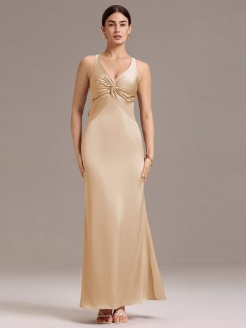 Elegant Strappy Bow Back Satin Mermaid Bridesmaid Dress - Champagne