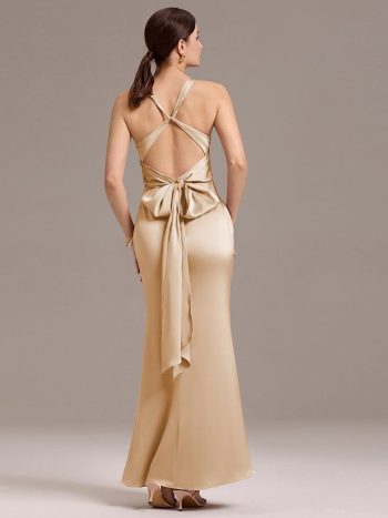 Elegant Strappy Bow Back Satin Mermaid Bridesmaid Dress - Champagne