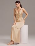 Elegant Strappy Bow Back Satin Mermaid Bridesmaid Dress – Champagne