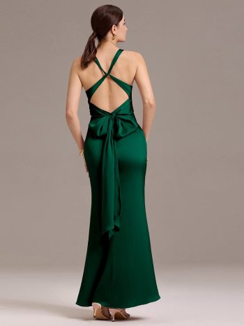 Elegant Strappy Bow Back Satin Mermaid Bridesmaid Dress - Dark Green