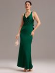Elegant Strappy Bow Back Satin Mermaid Bridesmaid Dress – Dark Green