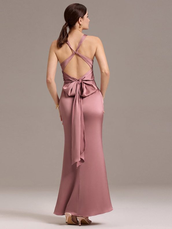 Elegant Strappy Bow Back Satin Mermaid Bridesmaid Dress - Purple Orchid