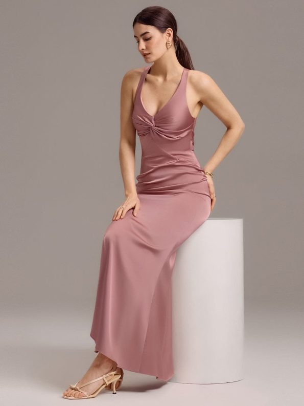 Elegant Strappy Bow Back Satin Mermaid Bridesmaid Dress - Purple Orchid