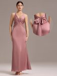 Elegant Strappy Bow Back Satin Mermaid Bridesmaid Dress - Purple Orchid