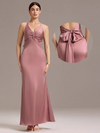 Elegant Strappy Bow Back Satin Mermaid Bridesmaid Dress - Purple Orchid
