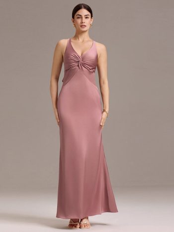 Elegant Strappy Bow Back Satin Mermaid Bridesmaid Dress - Purple Orchid