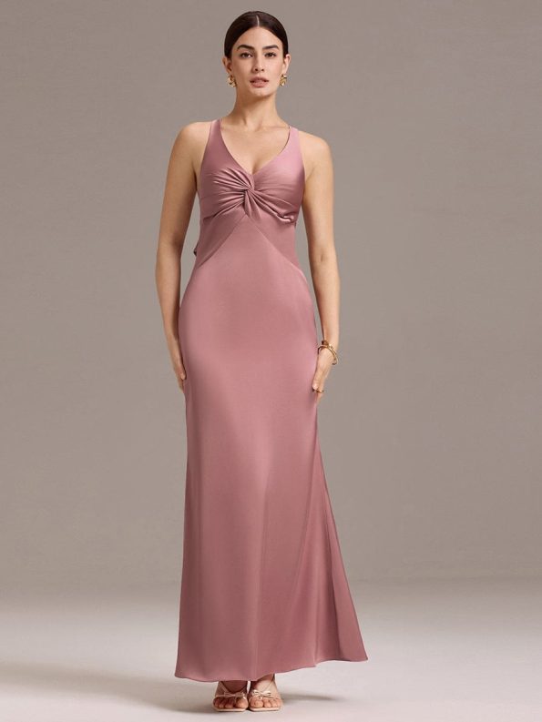 Elegant Strappy Bow Back Satin Mermaid Bridesmaid Dress - Purple Orchid