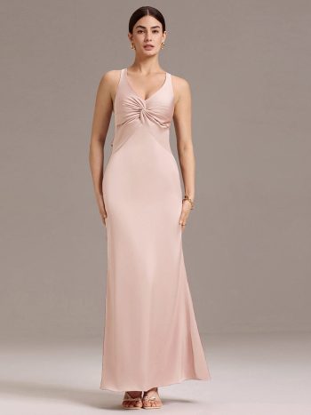Elegant Strappy Bow Back Satin Mermaid Bridesmaid Dress - Pink