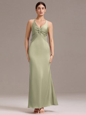 Elegant Strappy Bow Back Satin Mermaid Bridesmaid Dress - Sage Green
