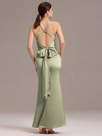 Elegant Strappy Bow Back Satin Mermaid Bridesmaid Dress - Sage Green