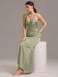 Elegant Strappy Bow Back Satin Mermaid Bridesmaid Dress – Sage Green