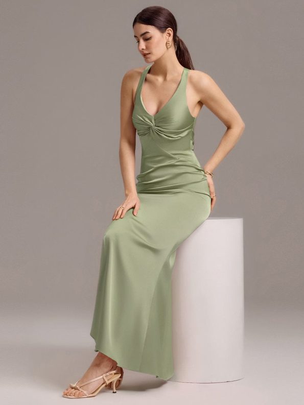 Elegant Strappy Bow Back Satin Mermaid Bridesmaid Dress - Sage Green