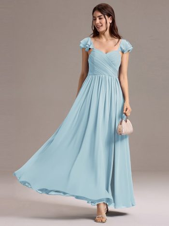 Chiffon A-Line Ruffles Cap Sleeve Bridesmaid Dress with Side Slit - Sky Blue