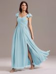 Chiffon A-Line Ruffles Cap Sleeve Bridesmaid Dress with Side Slit – Sky Blue