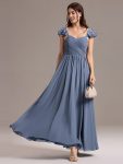 Chiffon A-Line Ruffles Cap Sleeve Bridesmaid Dress with Side Slit - Dusty Blue