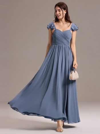 Chiffon A-Line Ruffles Cap Sleeve Bridesmaid Dress with Side Slit - Dusty Blue