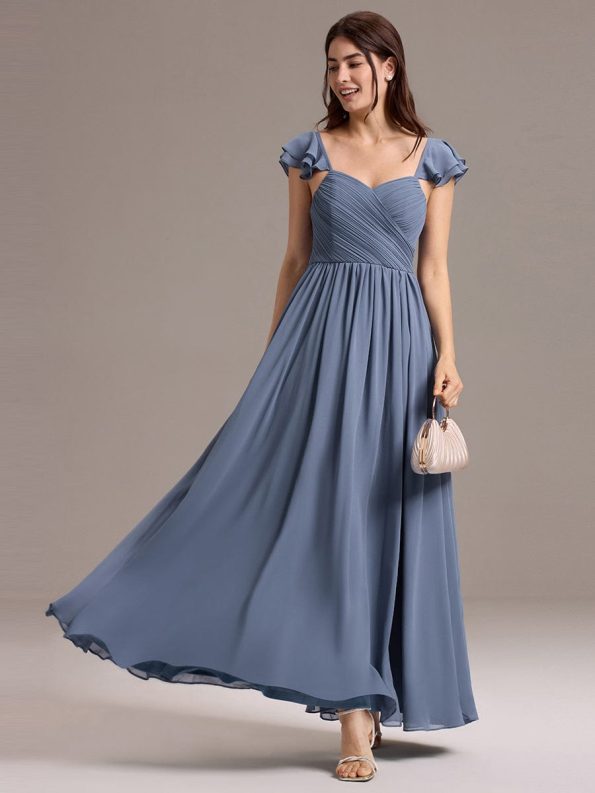 Chiffon A-Line Ruffles Cap Sleeve Bridesmaid Dress with Side Slit - Dusty Blue