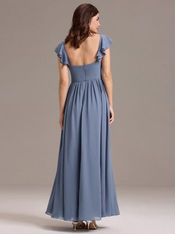 Chiffon A-Line Ruffles Cap Sleeve Bridesmaid Dress with Side Slit - Dusty Blue