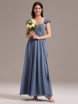 Chiffon A-Line Ruffles Cap Sleeve Bridesmaid Dress with Side Slit – Dusty Blue