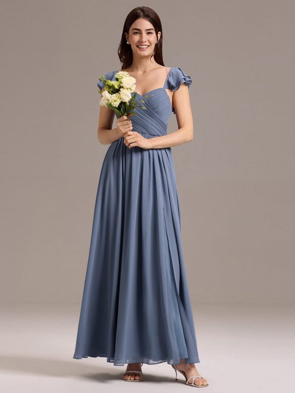 Chiffon A-Line Ruffles Cap Sleeve Bridesmaid Dress with Side Slit - Dusty Blue
