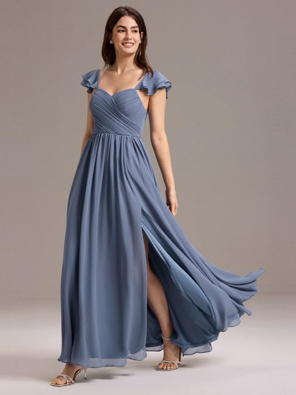 Chiffon A-Line Ruffles Cap Sleeve Bridesmaid Dress with Side Slit - Dusty Blue